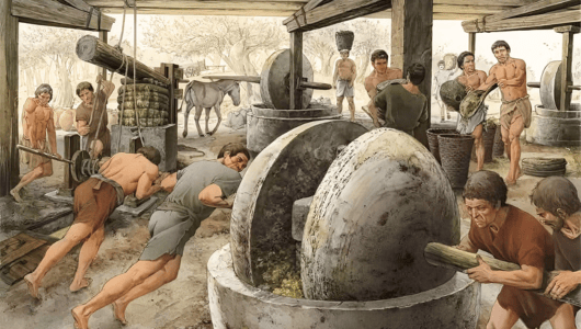 Ancient workers pressing olives using a large stone mill in a rustic setting.