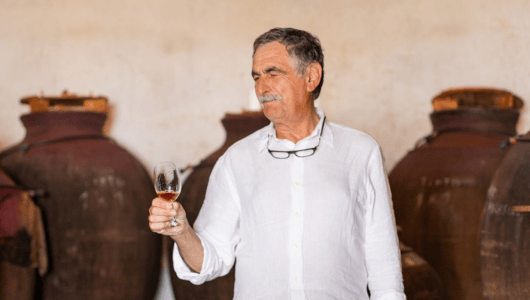 Man holding a wine glass in a cellar with large barrels.