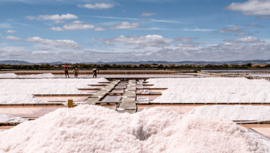 Salt flats with piles of salt and distant mountains under a blue sky.